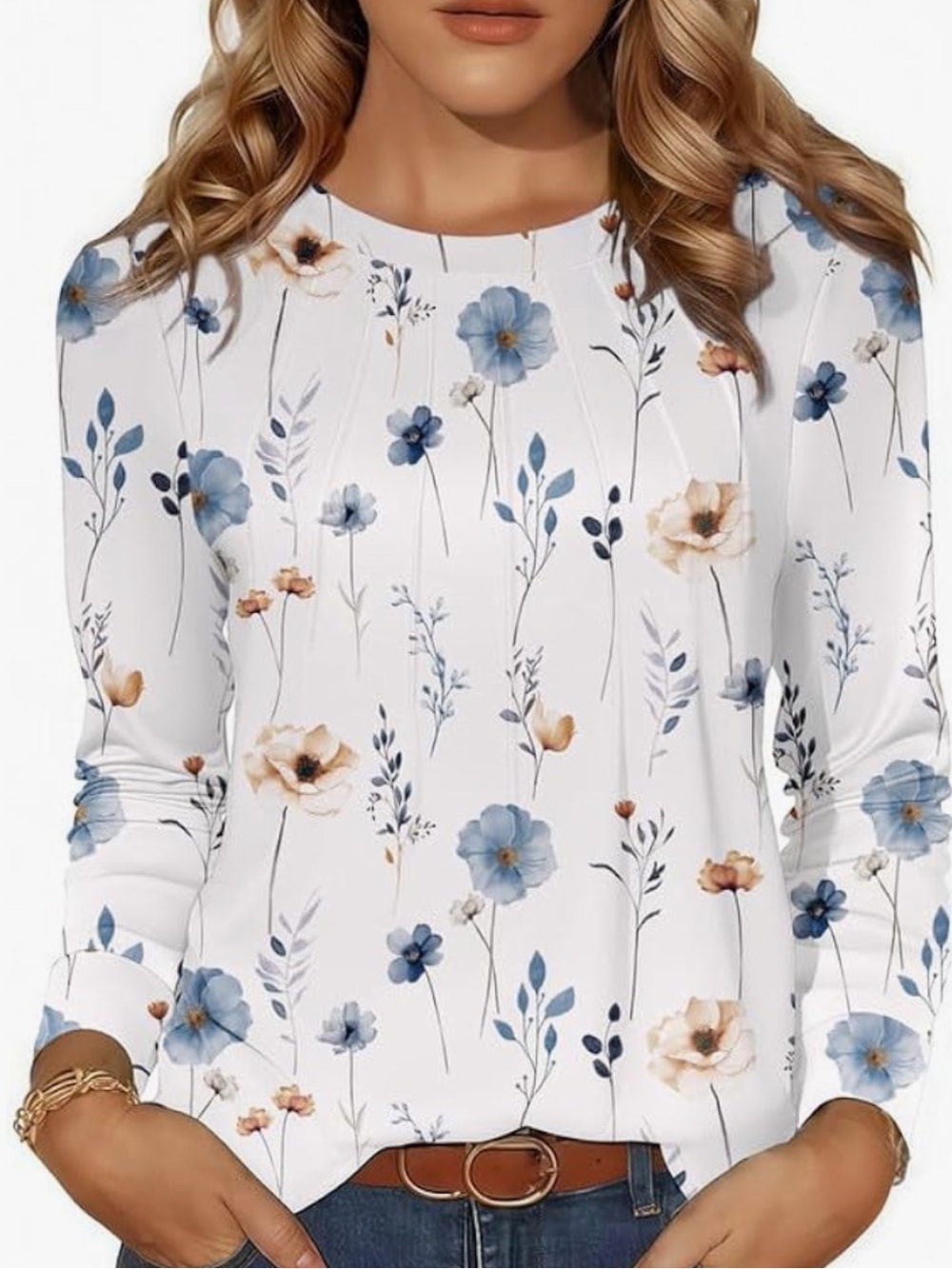 Chic Nation White Long Sleeve Top with Blue & Cream Floral Print